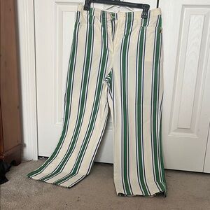 Tory Burch Cream Stripe Pants with Green & Navy Accents